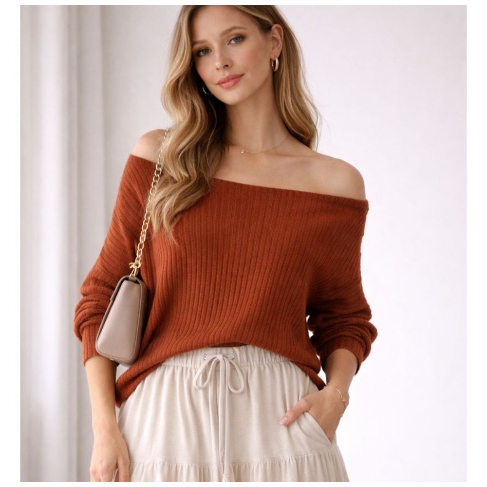 SHEIN SXY Plus Size Ribbed Off Shoulder Sweater Rust Orange‎  Dolman Sleeve 3XL